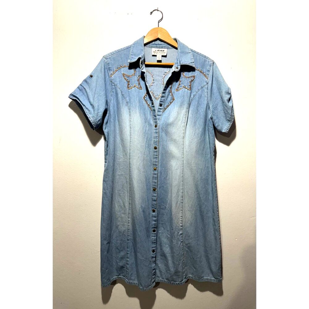 Light Wash Denim Midi Shirt Dress with Stud Embellishment